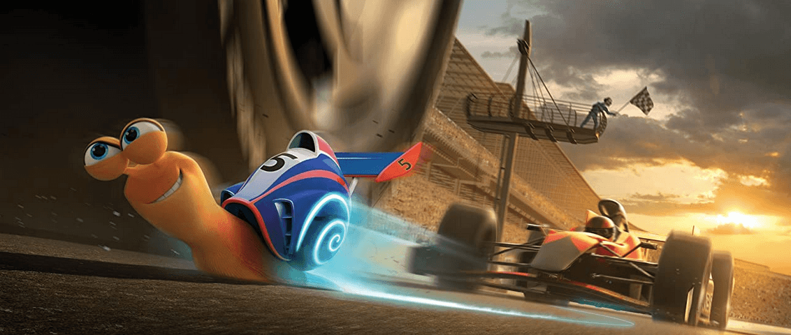 Turbo (voiced by Ryan Reynolds) tears up the track at the Indy 500, in “Turbo.” (DreamWorks Animation)