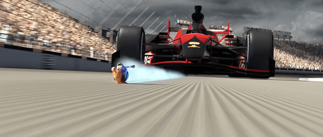Turbo (voiced by Ryan Reynolds) pulls ahead of the pack at the Indy 500, in “Turbo.” (DreamWorks Animation)