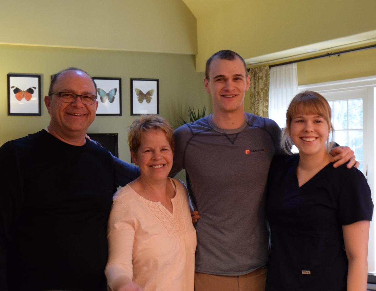 The first morning back home with the family: (L–R) Tom, Catherine, Tom, and Lexi Turcich. (Courtesy of <a href="https://www.instagram.com/theworldwalk/">Tom Turcich</a>)