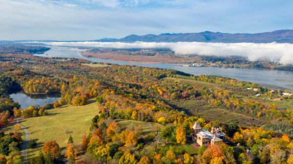 An aerial view south from Olana, with the Hudson River in the background.<br/>(Peter Aaron).