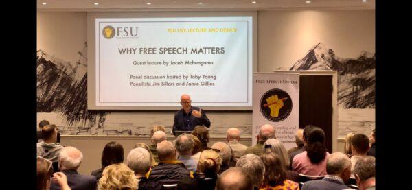Founder Toby Young speaking to members of the Free Speech Union in Scotland on<br/>April 22, 2022. (Courtesy of FSU).
