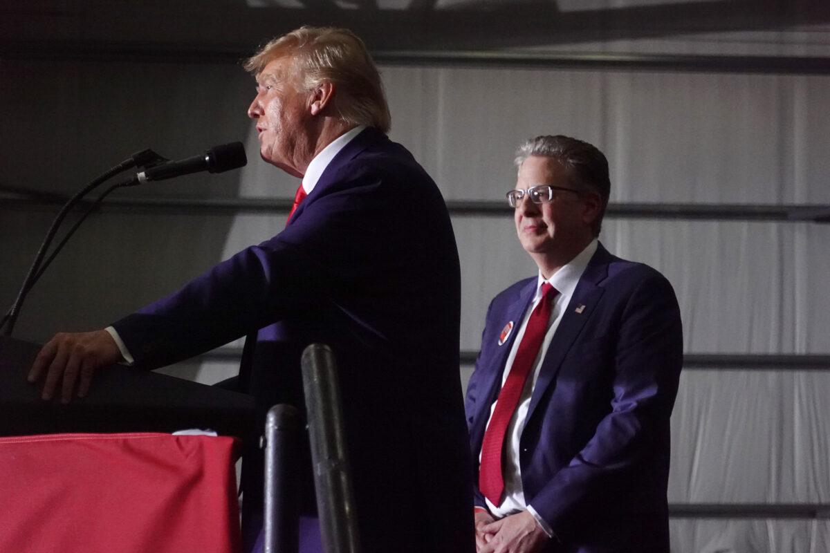 Former President Donald Trump endorses Matthew DePerno during a rally near Washington, Mich., on April 2, 2022. (Scott Olson/Getty Images)