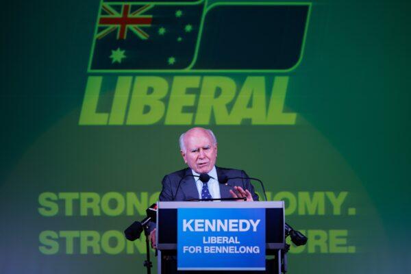 Former Prime Minister John Howard speaks at the Liberal party's campaign launch for its candidate in the NSW seat of Bennelong, Simon Kennedy, at the Ryde-Eastwood Leagues Club in Sydney, Australia, on April 23, 2022. (AAP Image/Paul Braven)