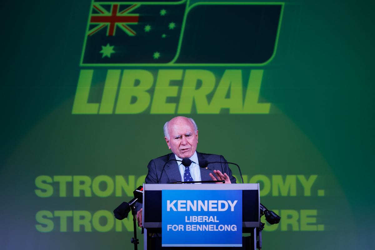 Former Prime Minister John Howard speaks at the Liberal Party's campaign launch for its candidate in the NSW seat of Bennelong, Simon Kennedy in 2022. (AAP Image/Paul Braven)