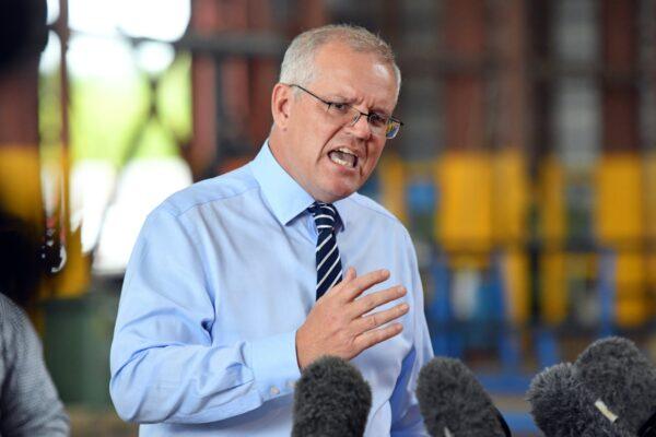 Prime Minister Scott Morrison at a press conference after visiting TEi engineering and steel fabrication company in the seat of Herbert, Queensland in Australia on April 26, 2022. (AAP Image/Mick Tsikas)