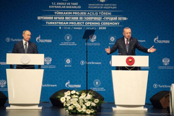 Turkish President Recep Tayyip Erdogan and Russian President Vladimir Putin attend the opening ceremony of the Turkstream Gas Pipeline Project on January 08, 2020 in Istanbul, Turkey. (Burak Kara/Getty Images)