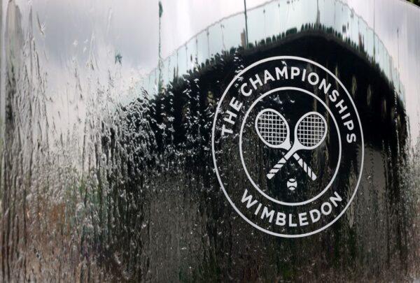 The Wimbledon logo is pictured in a water fountain on the first day of the 2021 Wimbledon Championships at The All England Tennis Club in London, England, on June 28, 2021. (Adrian Dennis/AFP via Getty Images)