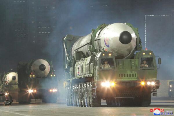 What the North Korean government says is its newly built intercontinental ballistic missile, the Hwasong-17, is seen during a military parade to mark the 90th anniversary of North Korea's army at the Kim Il Sung Square in Pyongyang, North Korea, on April 25, 2022. (Korean Central News Agency/Korea News Service via AP)