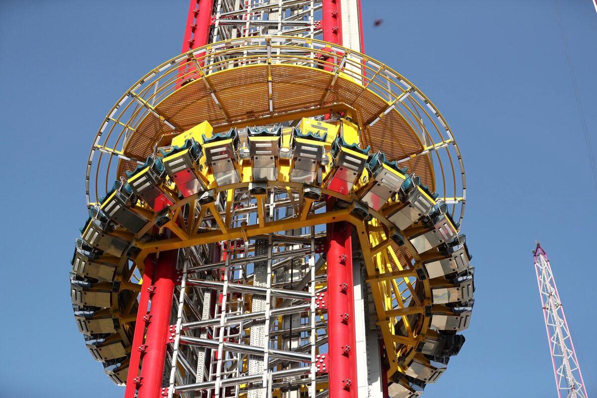 The Orlando Free Fall drop tower in ICON Park in Orlando, Fla., on March 28, 2022. (Stephen M. Dowell/Orlando Sentinel via AP)