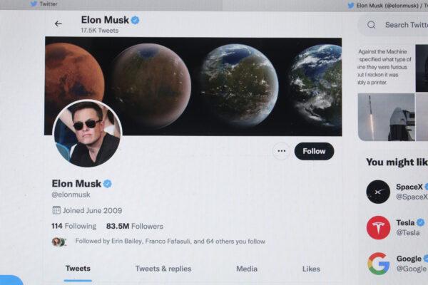The Twitter profile of Elon Musk with more than 80 million followers is shown on a computer in Chicago on April 25, 2022. (Scott Olson/Getty Images)