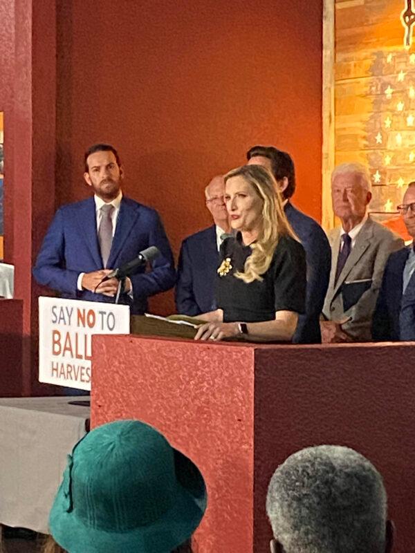 Florida secretary of state Laurel Lee delivers at a press conference in Spring Hill, Fla., on April 25, 2022. (Patricia Tolson/The Epoch Times)