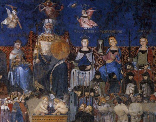 The King (Common Good) rules over Siena with Faith, Hope, and Charity above and virtues of good government on either side: (Peace, Fortitude, not visible here) and Prudence on the left; Magnanimity, Temperance, and Justice on the right. A detail from the “Allegory of Good Governance,” 1338–40, by Ambrogio Lorenzetti. Siena, Italy. (Public Domain)