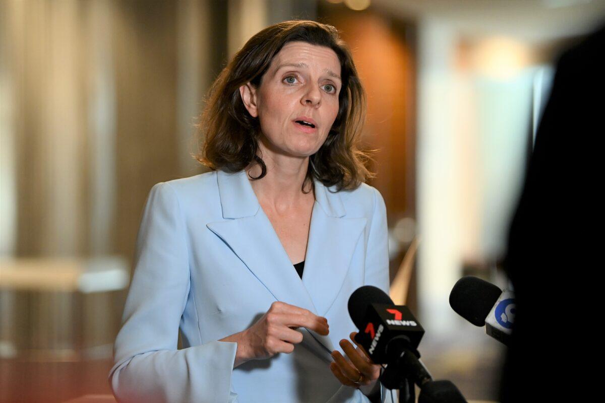 Federal "teal" independent for Wentworth Allegra Spender speaks to the media during a press conference following the Fuel Security Summit in Sydney, Australia, on April 21, 2022. (Bianca De Marchi/AAP Image)