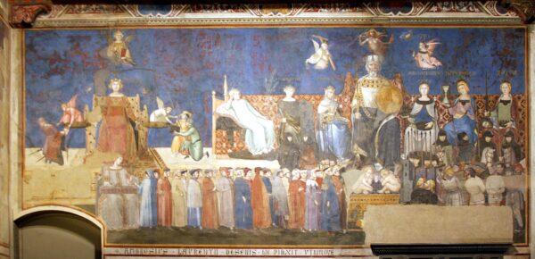 Central wall fresco of “Allegory of Good Governance,” 1338–40, by Ambrogio Lorenzetti. Siena, Italy. (Public Domain)