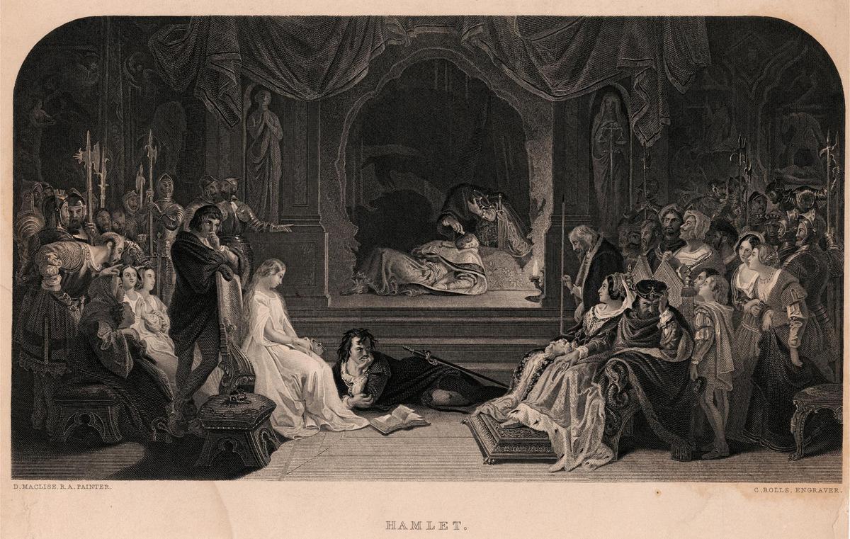 In the mousetrap scene, Hamlet discerns from his uncle's expression that he is guilty of murder, as actors reenact the murder of Hamlet's father. "The Play Scene" from "Hamlet," Act III, Scene II, by Charles Rolls. Engraving. Yale Center for British Art, Yale. (Public Domain)