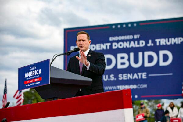 Ted Budd, who is running for U.S. Senate, speaks before a rally for former U.S. President Donald Trump at The Farm at 95 in Selma, N.C., on April 9, 2022. (Allison Joyce/Getty Images)