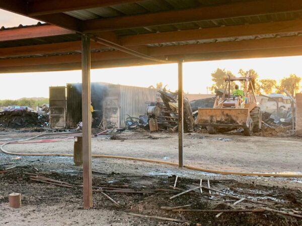 The fire at the Maricopa Food Pantry in Maricopa, Ariz., on March 28 destroyed six semi-trailers and 48,000 pounds of food for 1,200 families. (Courtesy of Maricopa Food Pantry)