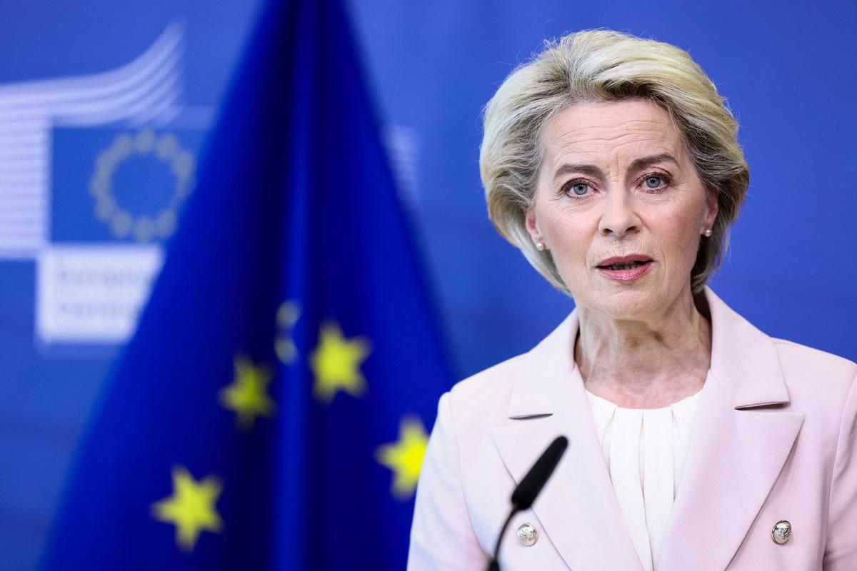 European Commission President Ursula von der Leyen makes a statement in Brussels on April 27, 2022, following the decision by Russian energy giant Gazprom to halt gas shipments to Poland and Bulgaria. (KENZO TRIBOUILLARD/POOL/AFP via Getty Images)