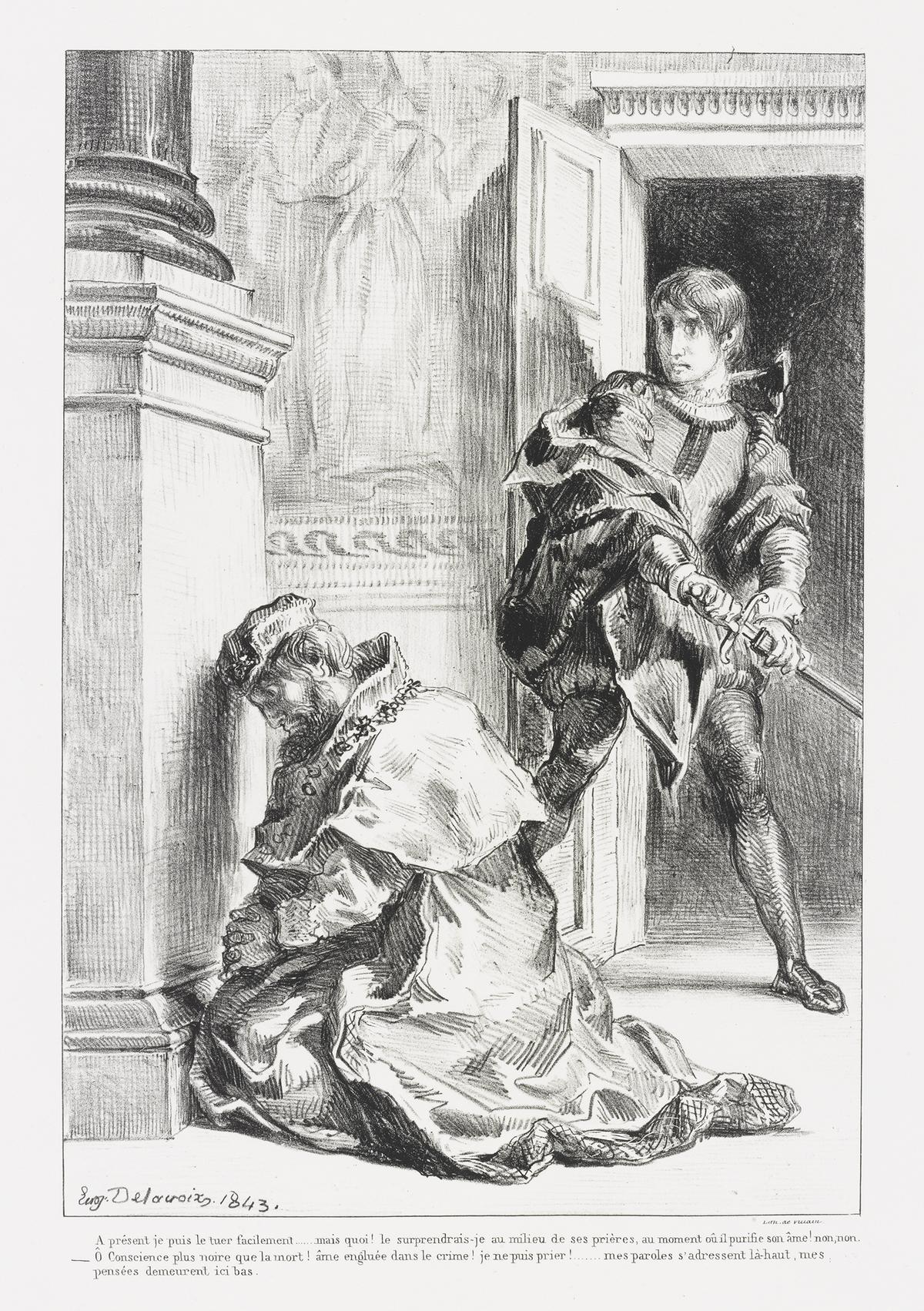 <span data-sheets-value="{"1":2,"2":"Hamlet attempts to kill the king in Act III, Scene iii. Lithograph, 1843, by Eugène Delacroix. Yale University Art Gallery, Yale. (Public Domain)"}" data-sheets-userformat="{"2":8963,"3":{"1":0},"4":{"1":2,"2":2228223},"11":4,"12":0,"16":12}">Hamlet attempts to kill the king in Act III, Scene iii. Lithograph, 1843, by Eugène Delacroix. Yale University Art Gallery, Yale. (Public Domain)</span>