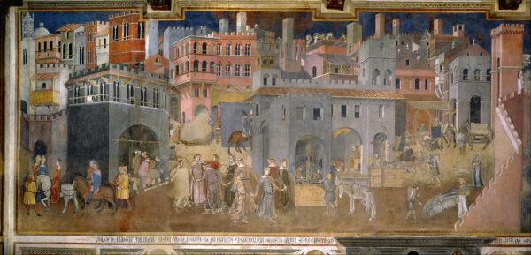 A detail from “The Effects of Good Governance,” 1338–40, by Ambrogio Lorenzetti. Siena, Italy. (Public Domain)