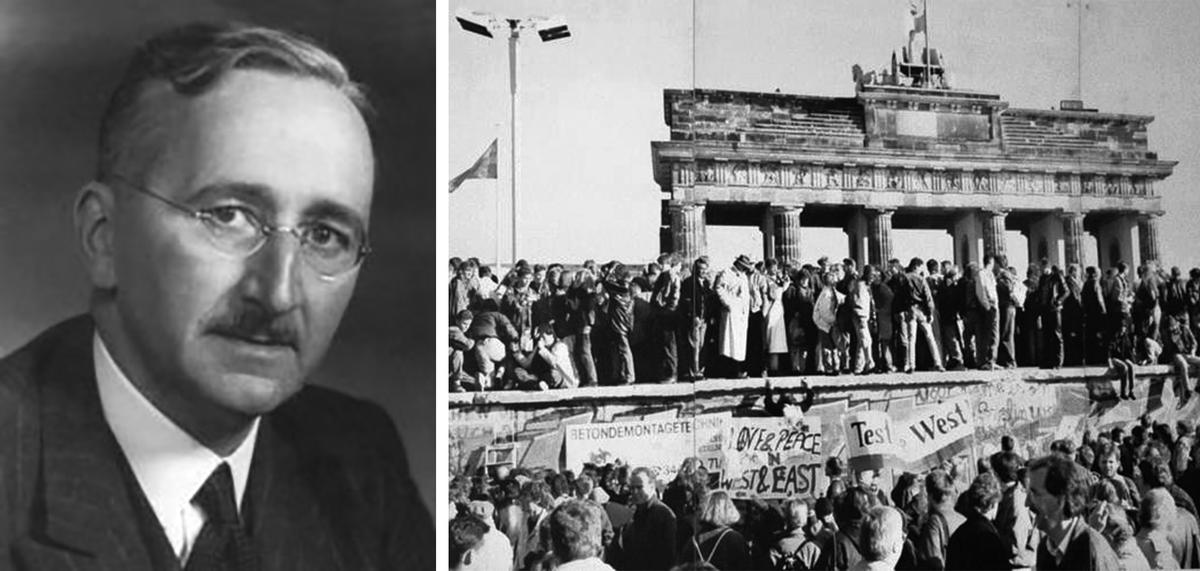 Left: Friedrich Hayek. (<a href="https://commons.wikimedia.org/wiki/File:Friedrich_Hayek_portrait.jpg">DickClarkMises</a>/CC-BY-SA-3.0); Right: The fall of the Berlin Wall in 1989 during the collapse of the Soviet Union. (Image color has been changed to black and white - <a href="https://commons.wikimedia.org/wiki/File:West_and_East_Germans_at_the_Brandenburg_Gate_in_1989.jpg">Lear 21</a>/CC-BY-SA-3.0)