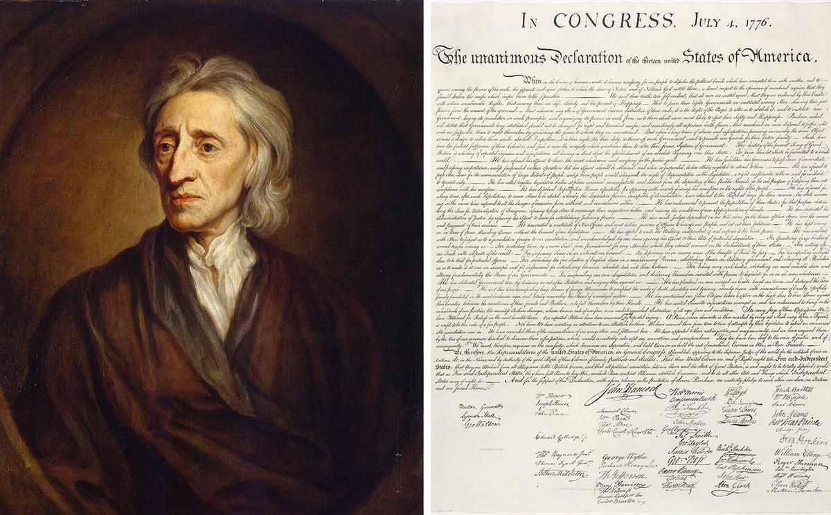 Left: "Portrait of John Locke" by Godfrey Kneller, 1697. (<a href="https://commons.wikimedia.org/wiki/File:John_Locke.jpg">Public Domain</a>); Right: The American Declaration of Independence. (<a href="https://en.wikipedia.org/wiki/File:United_States_Declaration_of_Independence.jpg">Public Domain</a>)