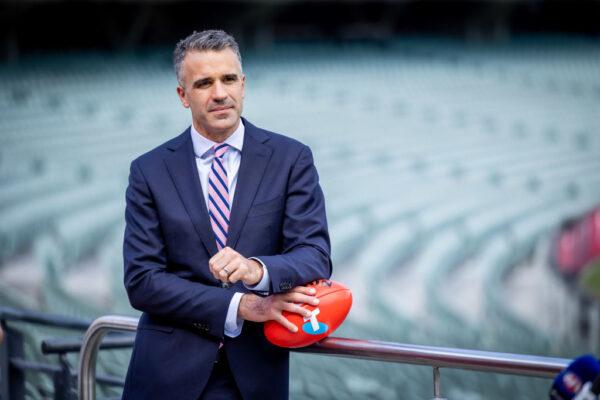 SA Premier Peter Malinauskas talks during the 2022 AFLW Grand Final Entertainment Media Opportunity at Adelaide Oval in Adelaide, Australia, on April 8, 2022. (Photo by James ElsbyAFL Photos)