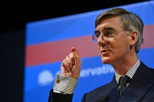 Britain's Brexit Opportunities and Government Efficiency Secretary Jacob Rees-Mogg addresses delegates during the Conservative Party Spring Conference, at Blackpool Winter Gardens in Blackpool, northwest England, on March 18, 2022. (Paul Ellis /AFP via Getty Images)