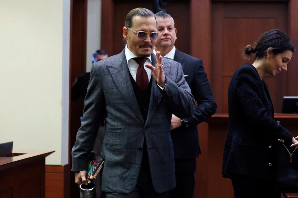Actor Johnny Depp appears in the courtroom at the Fairfax County Circuit Court in Fairfax, Va., on April 28, 2022. (Michael Reynolds/Pool Photo via AP)