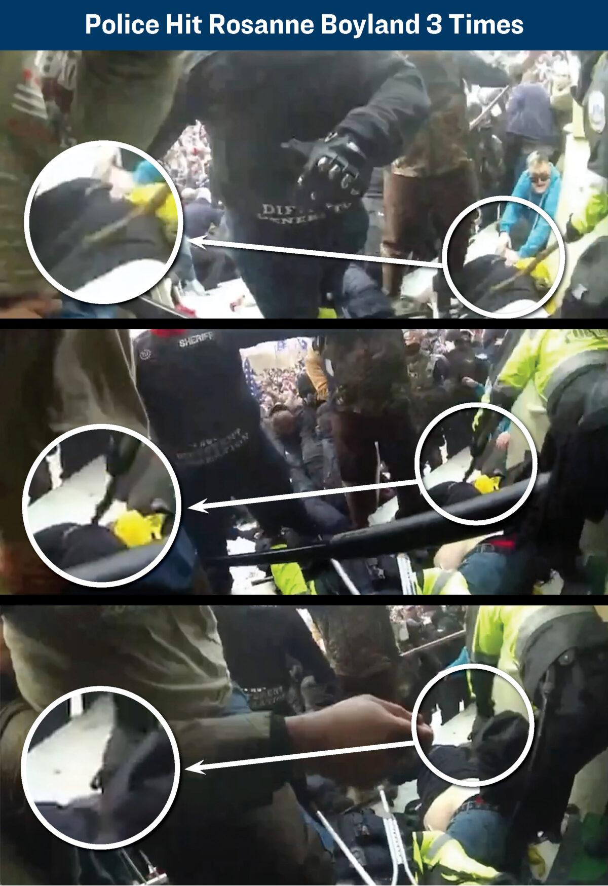 Rosanne Boyland was struck with a wooden stick on Jan. 6, 2021: once in the ribs and twice in the head, video evidence shows. (Metropolitan Police Department Bodycams/Graphic by The Epoch Times)