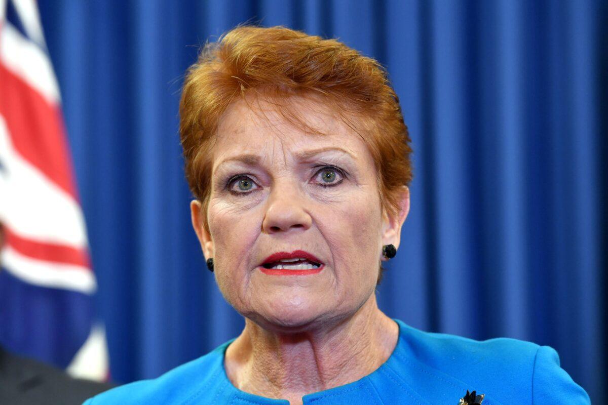 One Nation leader, Senator Pauline Hanson is seen during a press conference in Brisbane, Australia, on April 13, 2022. (AAP Image/Darren England)