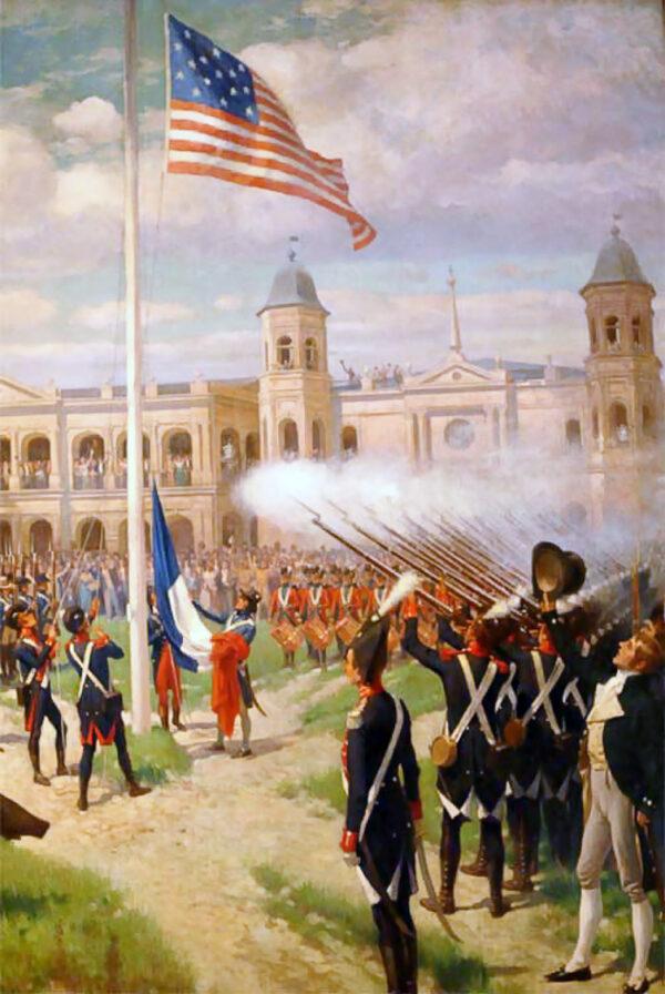 Flag raising in the Place d’Armes of New Orleans, marking the transfer of sovereignty of French Louisiana to the United States, December 20, 1803, as depicted by Thure de Thulstrup. (Public Domain)