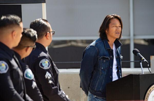 Actor Sung Kang, part of the cast in the “Fast & Furious” movies, speaks about street racing in Santa Ana, Calif., on April 29, 2022. (John Fredricks/The Epoch Times)