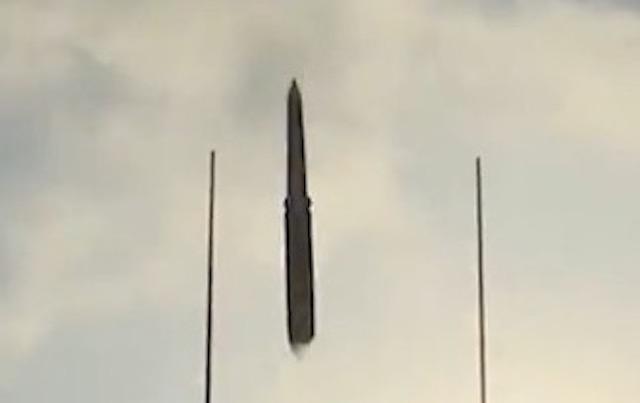 The YJ-21 ship-launched anti-ship ballistic missile (ASBM) in a still from real-time camera footage released by Chinese media. (Courtesy of Rick Fisher)