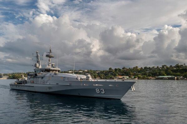 Armidale Class Patrol Boat, HMAS Armidale patrols the coast of Honiara, Solomon Islands on Dec. 4, 2021. (CPL Brodie Cross/ADF)