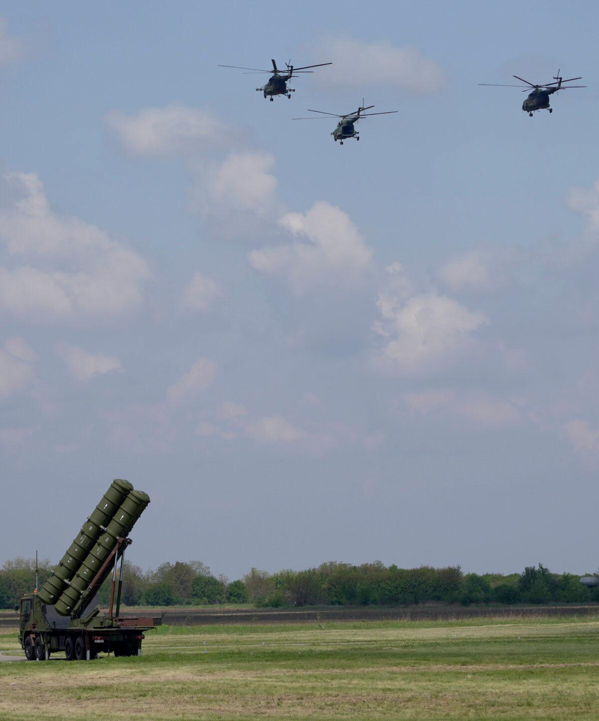 HQ-22 anti-aircraft systems, whose export version is known as FK-3, during the military exercises on a military airport near Belgrade, Serbia, on April 30, 2022. (Darko Vojinovic/AP Photo)