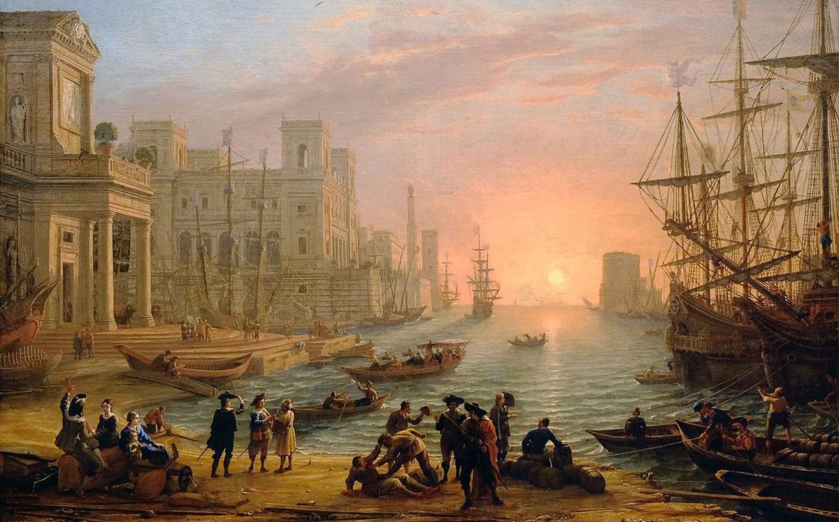 "Seaport at Sunset" by Claude Lorrain, 1639. (<a href="https://commons.wikimedia.org/wiki/File:F0087_Louvre_Gellee_port_au_soleil_couchant-_INV4715_rwk.jpg">Public Domain</a>)