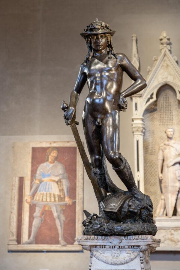 "David Victorious," circa 1435–40, by Donatello. Partly gilded bronze; 61 inches by 25 5/8 inches by 23 5/8 inches. The statue is one of the masterpieces in "Donatello: The Renaissance," an exhibition at the Palazzo Strozzi and the Museo Nazionale del Bargello in Florence, Italy. (Ela Bialkowska/OKNO Studio)