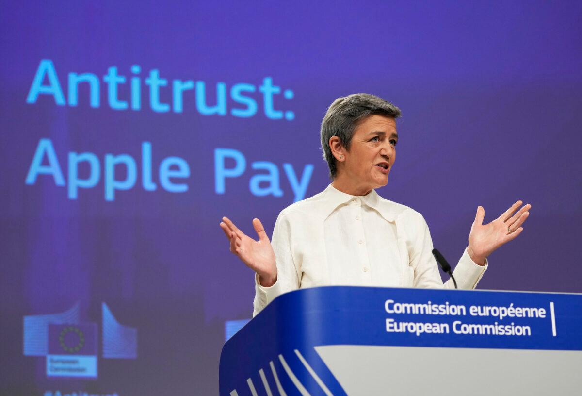 European Union competition commissioner Margrethe Vestager speaks at a press conference in Brussels on May 2, 2022. (Virginia Mayo/AP Photo)