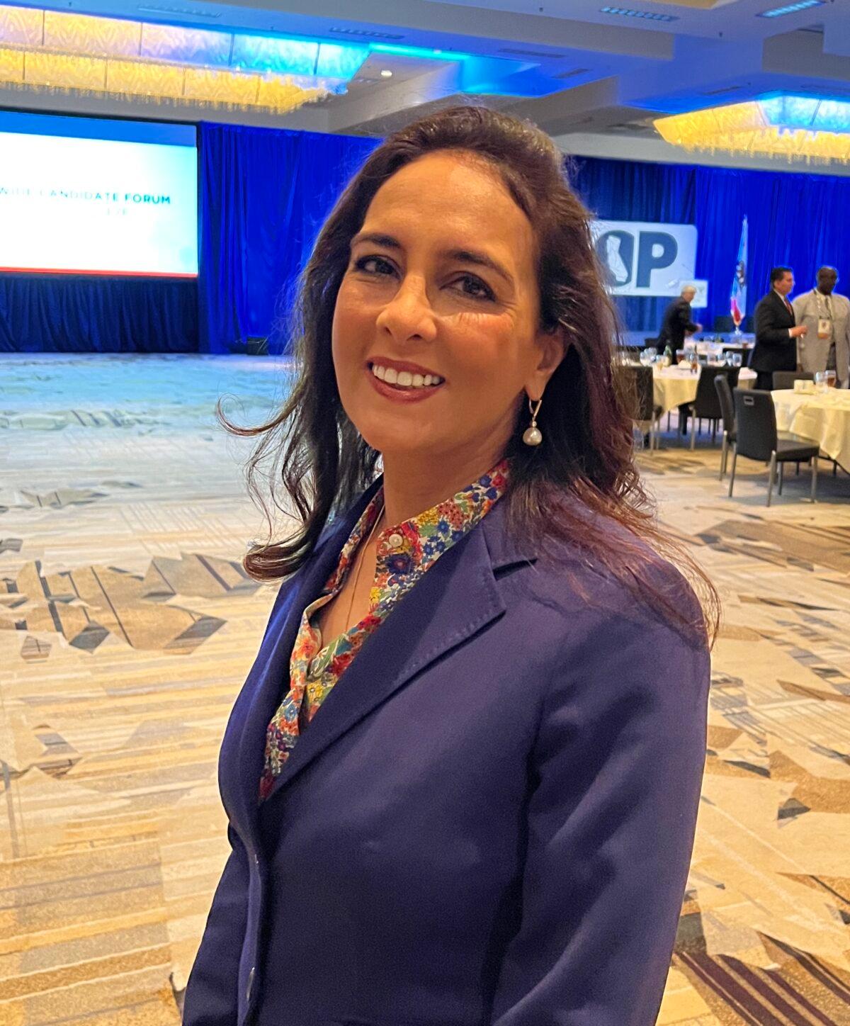 Civil rights attorney Harmeet Dhillon, CEO of the Center for American Liberty, at the California Republican Convention in Anaheim, Calif., on April 23, 2022. (Brad Jones/The Epoch Times)