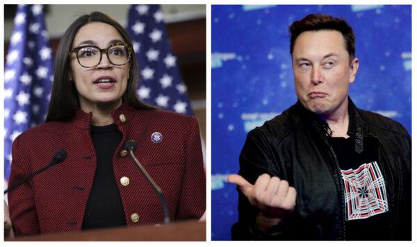 (L) U.S. Rep. Alexandria Ocasio-Cortez (D-N.Y.) speaks on banning stock trades for members of Congress at news conference on Capitol Hill in Washington on April 7, 2022. (Kevin Dietsch/Getty Images) (R) SpaceX owner and Tesla CEO Elon Musk grimaces after arriving on the red carpet for the Axel Springer award in Berlin, on Dec. 1, 2020. (Hannibal Hanschke/Reuters)