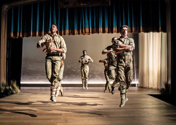 The Soldier Lords (visible, L–R) Patrick Agada, Joseph Aaron Johnson, and Casey Hoekstra venture to the wars in Italy in “All’s Well That Ends Well.” (Liz Lauren)