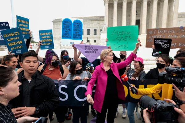 Sen. Elizabeth Warren (D-Mass.) speaks to pro-abortion demonstrators outside of the U.S. Supreme Court Building in Washington, on May 3, 2022. (Anna Moneymaker/Getty Images)