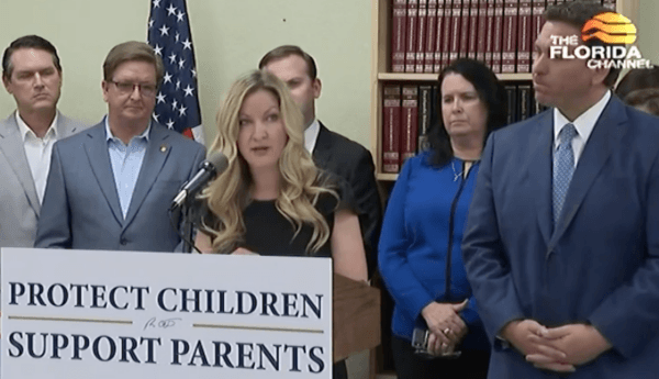 January Littlejohn, who fought back when she realized her child's school was keeping secrets about the teen's gender identity questions, addresses the media at a March 28 press conference with Florida Gov. Ron DeSantis. (The Florida Channel)