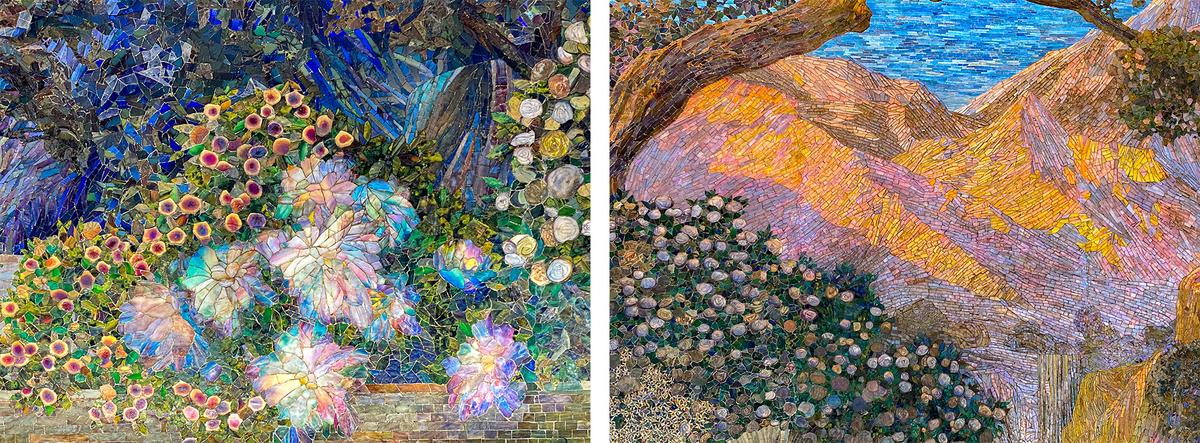 Slightly edited photos of details from "The Dream Garden" mosaic at the Curtis Building in Philadelphia. (Laura Blanchard/<span class="cc-license-identifier">CC BY-SA 2.0</span>)