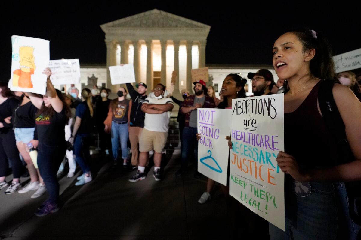A crowd of people gather outside the Supreme Court in Washington early May 3, 2022. (Alex Brandon/AP Photo)
