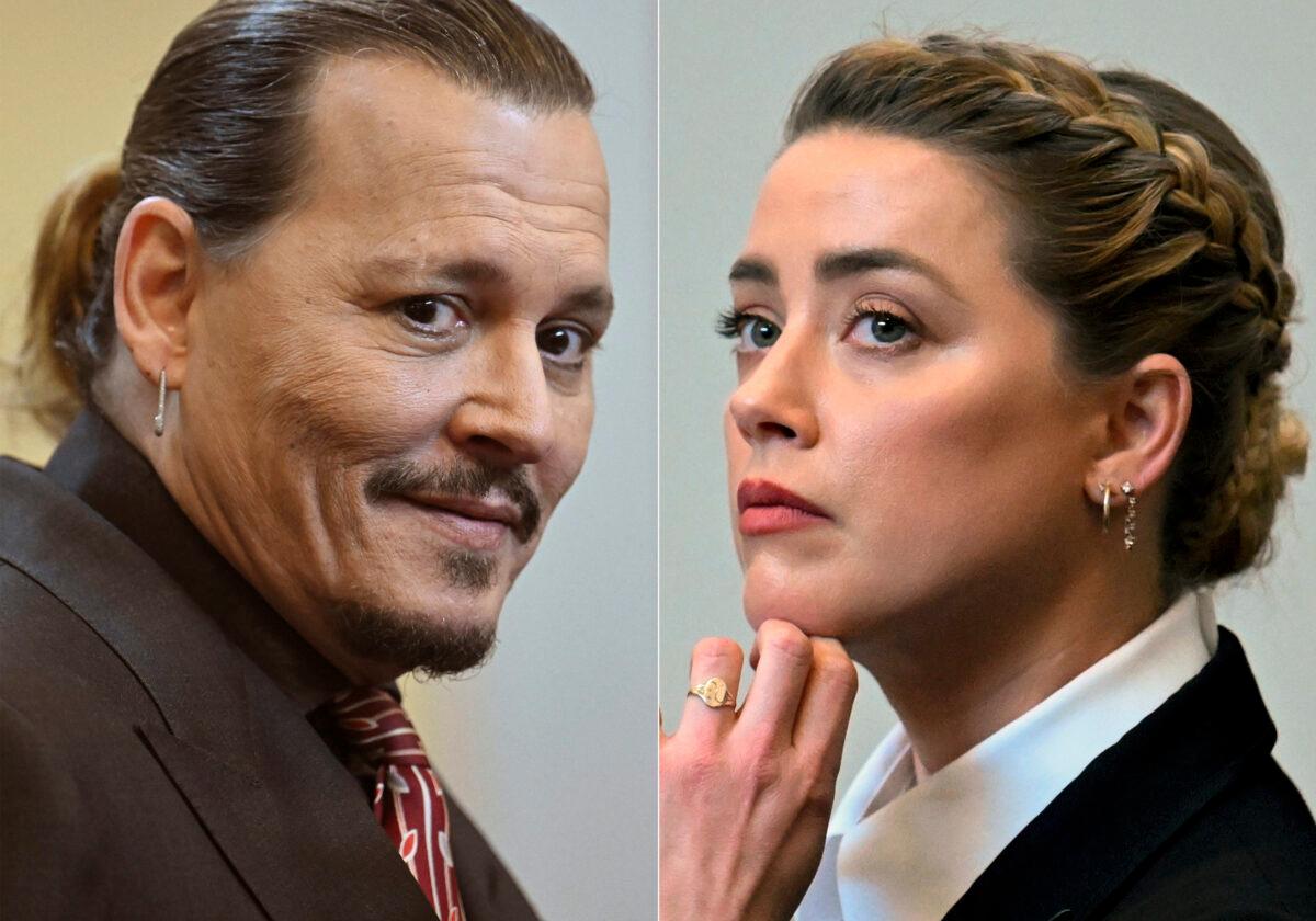  This combination of two separate photos shows divorced actors Johnny Depp, left, and Amber Heard in the courtroom at the Fairfax County Circuit Court in Fairfax, Va., on May 3, 2022. (Jim Watson/Pool photos via AP)