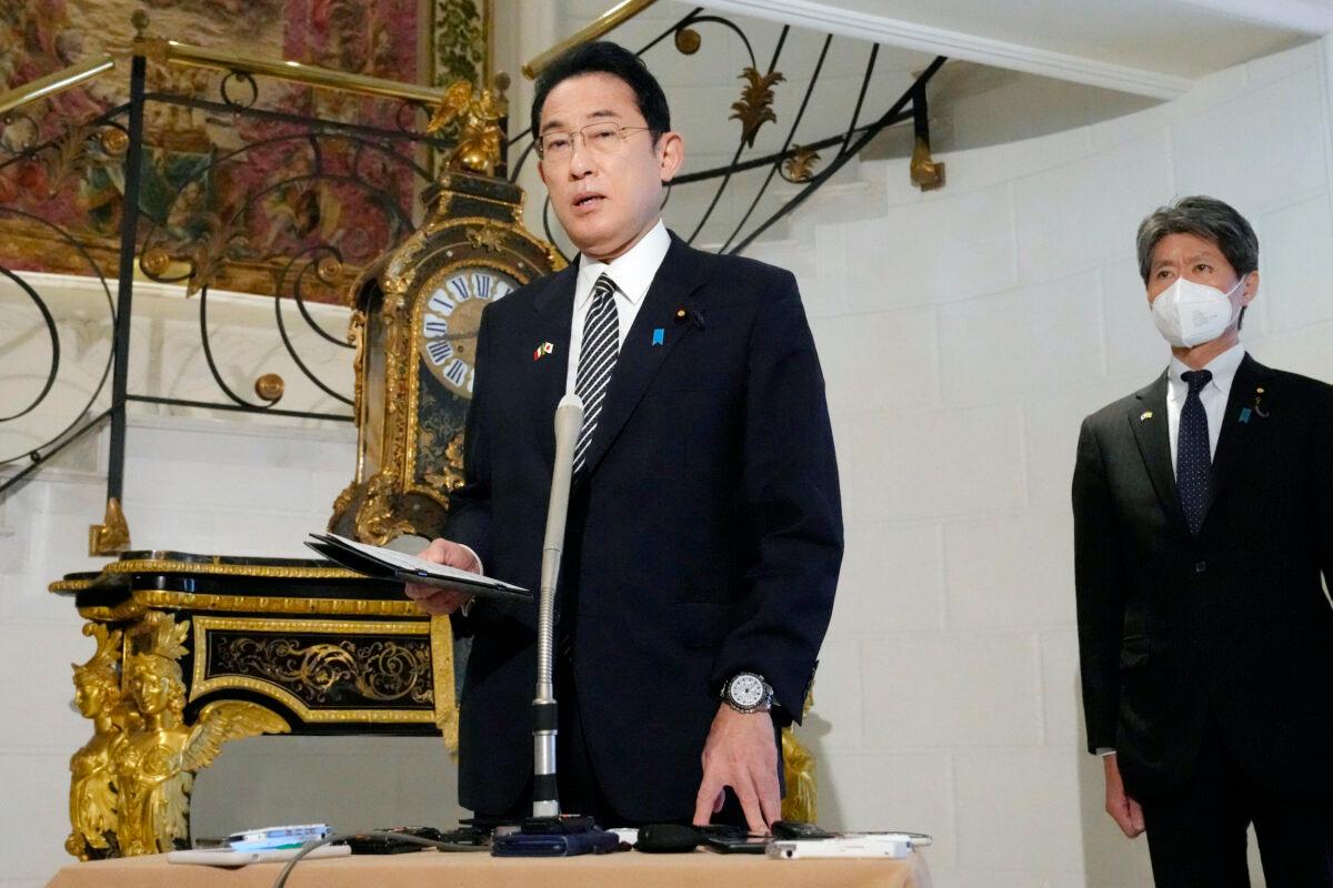 Japan's Prime Minister Fumio Kishida (C) speaks to reporters after North Korea fired a ballistic missile amid rising animosities, during his visit to Rome, on May 4, 2022 . (Sadayuki Goto/Kyodo News via AP)