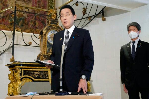 Japan's Prime Minister Fumio Kishida speaks to reporters after North Korea fired a ballistic missile amid rising animosities, during his visit to Rome, on May 4, 2022. (Sadayuki Goto/Kyodo News via AP)
