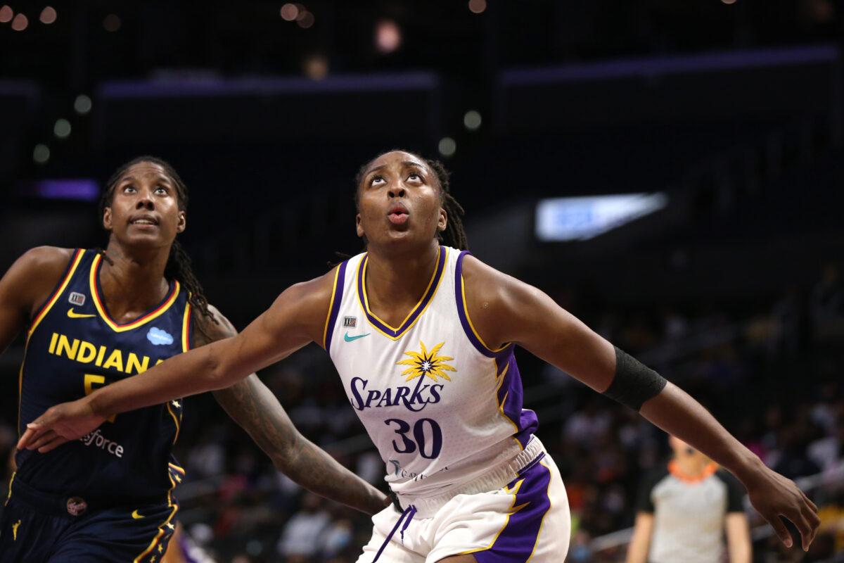 Nneka Ogwumike #30 of the Los Angeles Sparks blocks Jessica Breland #51 of the Indiana Fever after a free throw during the second half of a game at Staples Center in Los Angeles, Calif., on Aug. 15, 2021. (Katharine Lotze/Getty Images)